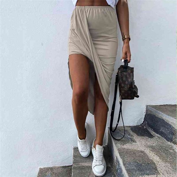 

asymmetrical midi skirt autumn winter women casual long elegant solid lady bodycon female 210427, Black