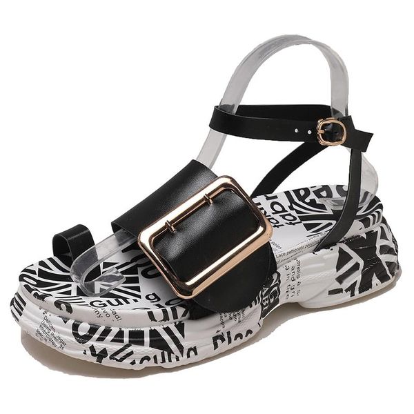 

sandals platform 2021 shoes women casual graffiti printing chunky woman summer beach slippers buckle sandalias, Black