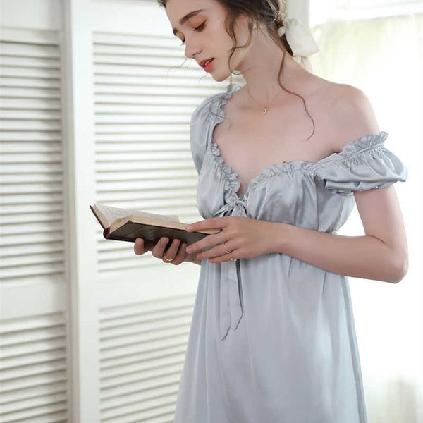 Romantisches Nachthemd Satin Nachthemd Prinzessin Frau Nachtwäsche Sommer Kurzarm Kleid INS Mode Vintage Nachthemden 210924