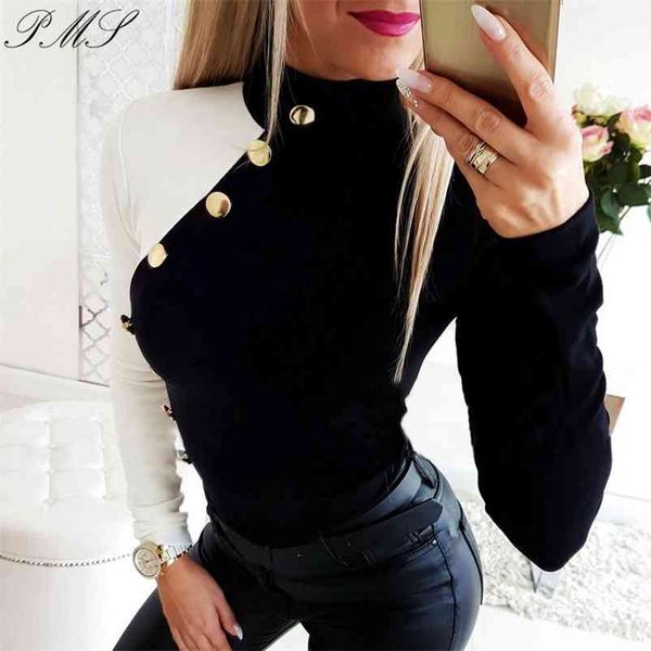 

ol t shirt women long sleeve turtleneck tee shirt femme elegant ladies buttons autumn winter office lady contrast d25 210401, White