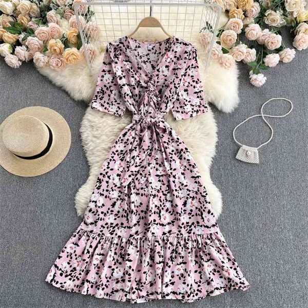 

fashion floral print dress women's pleated v-neck lace up waist slim retro short sleeve casual vintage clothes vestidos s325 210527, Black;gray