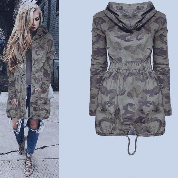 

women's jackets camouflage women long coat lady casual hooded drawstring zipper slim hip hop camo outwear femme tm6q, Black;brown