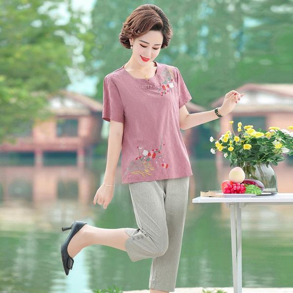 

women two piece sets 2021 summer cotton linen short sleeve floral embroidery shirt blouse+wide leg pant trousers lady suits women's pan, White