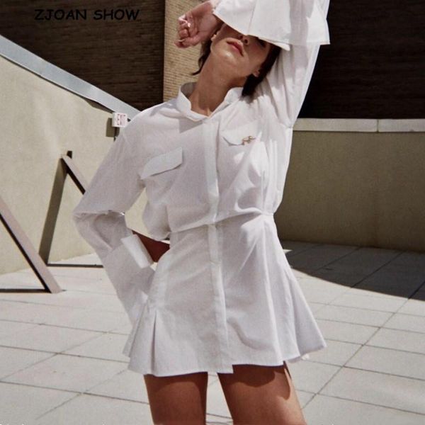 

stylish stand collar side pleated ruched extra long sleeve shirt dress women pockets slim waist mini short dresses casual, Black;gray
