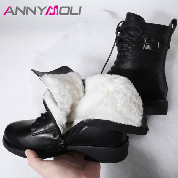

boots annymoli real leather natural wool fur mid heel ankle women block heels buckle motorcycle lace up zipper short, Black