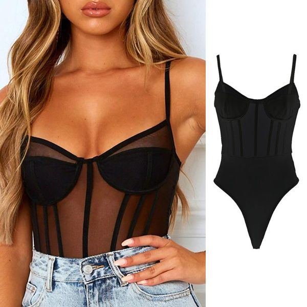 

women summer spaghetti strap v-neck bodysuit sheer mesh patchwork cami leotard sleeveless bodycon jumpsuit women's tanks & camis, White
