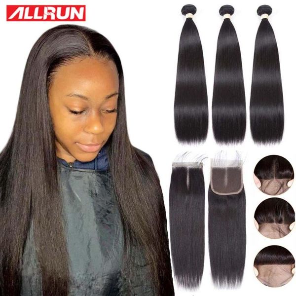 

human hair bulks straight bundles with closure brazilian weave 4*4 lace 32 34 remy, Black