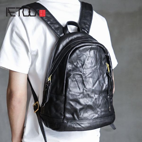 

backpack aetoo leather hand-grabbing vintage backpack, vegetable tanned cowhide men's leisure trendy travel bag