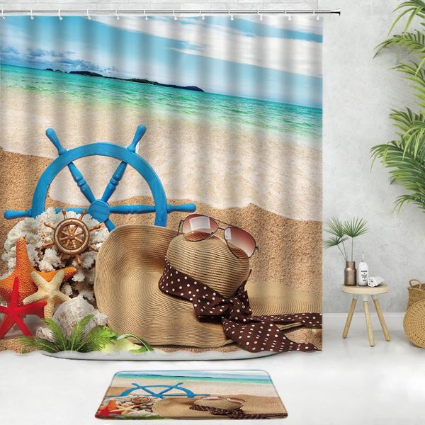 

shower curtains ocean beach curtain set bath mat green plant starfish summer vacation landscape home deco bathroom anti-slip rug