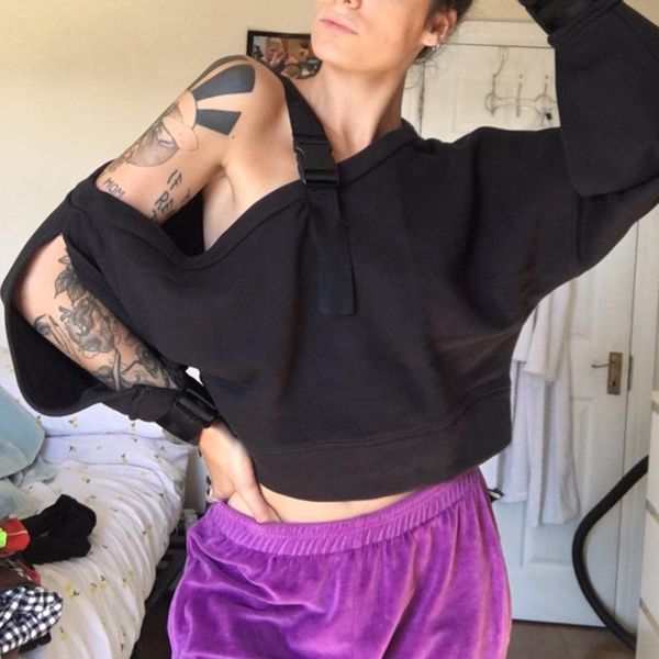 

women's t-shirt e-girt harajuku goth black oversized one shoulder long sleeve hollow out cropped women punk hip hop streetwear, White