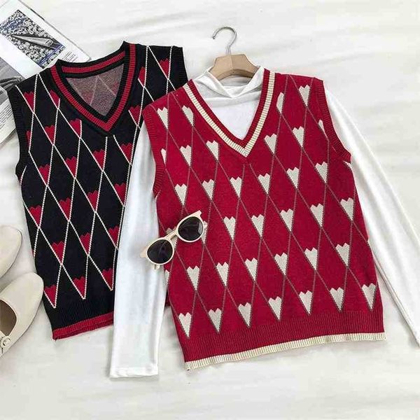 Frauen Ärmellose Weste Pullover Frühling Herbst Lose V-ausschnitt Vintage Plaid Koreanische Weste Frau Casual Pullover Stricken Tank Top 210525