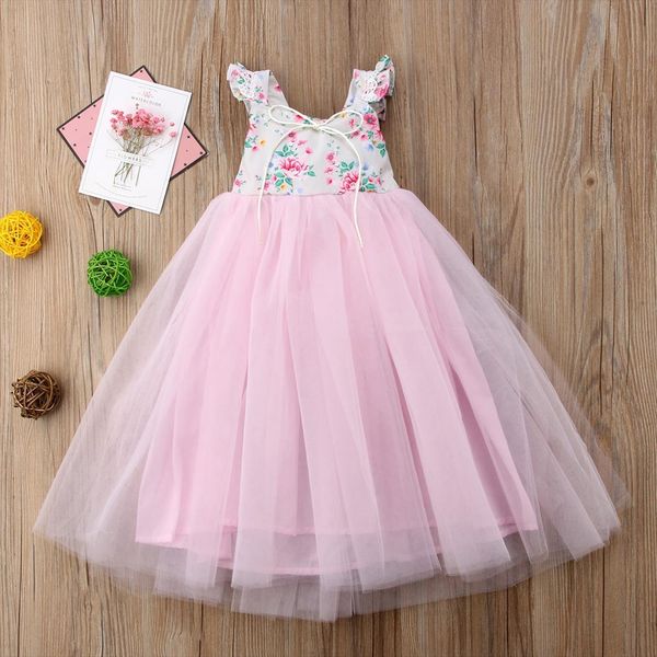 

flower girls lace mesh princess girl dress party wedding bridesmaid pink sweet summer sundress, Red;yellow