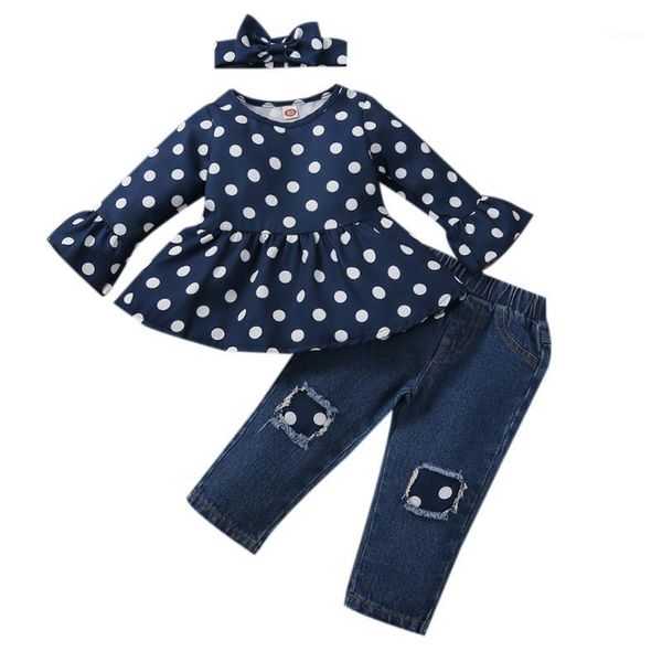 

0-5y fashion girls clothes sets long sleeve polka dot print flare dress t-shirt ripped jeans pants and headband clothing, White