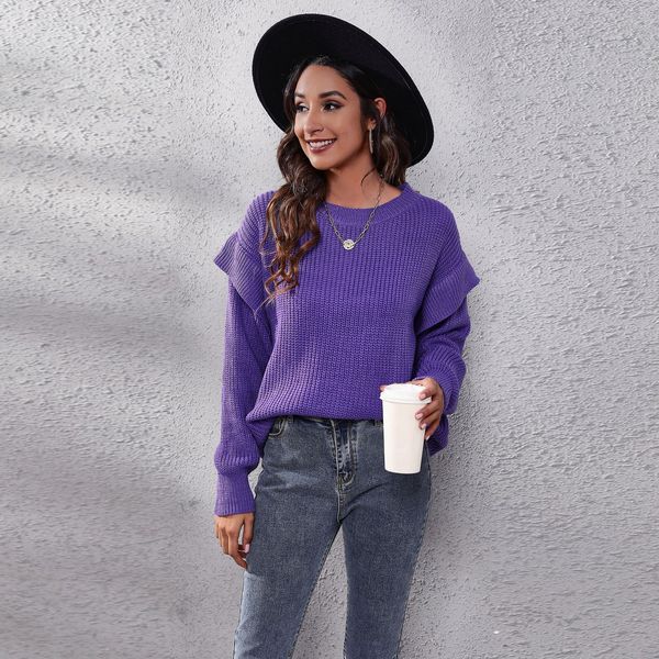 

european american new women's knits & tees purple dropped shoulder matching long sleeve knitted sweater loose autumn winter clothing, White