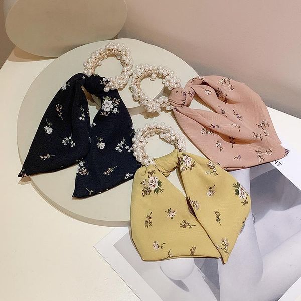 

hair accessories elegant floral streamer pearl beads tie elastic bands romantic scrunchies ponytail holder for women