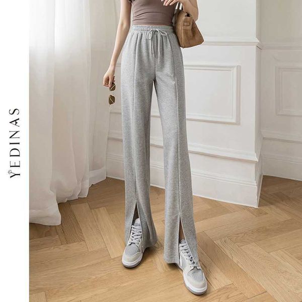 

yedinas casual pants women's spring summer high waist wide leg straight split trousers loose sports mopping 210527, Black;white