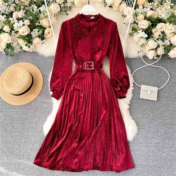 Vestido de veludo vintage mulheres elegantes retalhos plissados ​​manga longa senhoras com festa de bandagem de cinto outono robe 210525