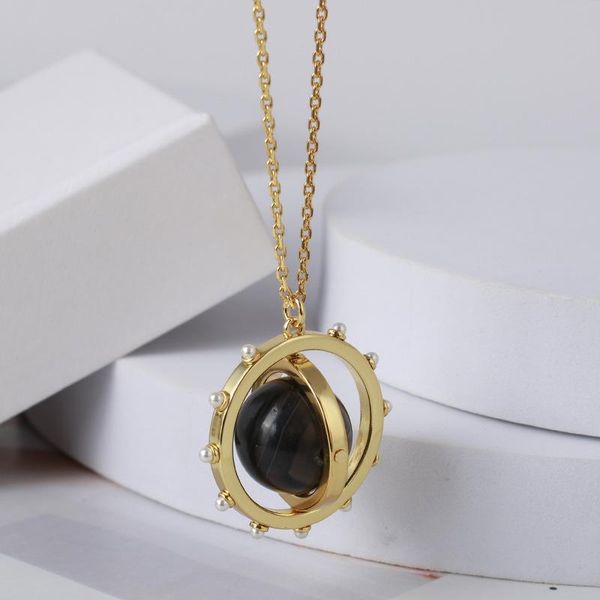 

pendant necklaces ring inlaid pearl black bead rotatable necklace, Silver