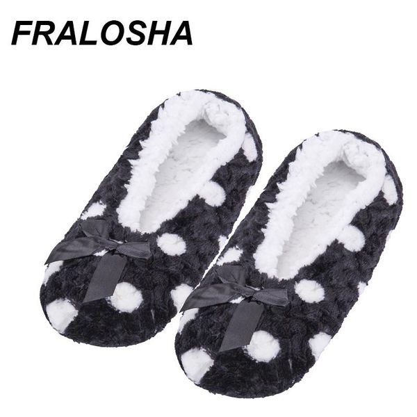 

warm home woman cotton shoes plush female floor non-slip indoor bow tie dots slipper slippers, Black