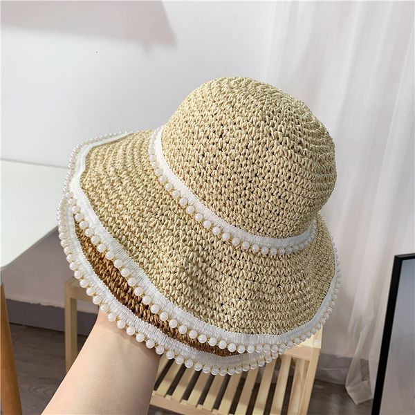 

hat women's foldable pearl woven straw summer vacation beach sun, Blue;gray