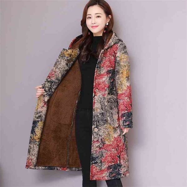 

national style winter women long parkas vintage print loose hooded coat thicken cotton warm jacket female coats plus size d251 210512, Black