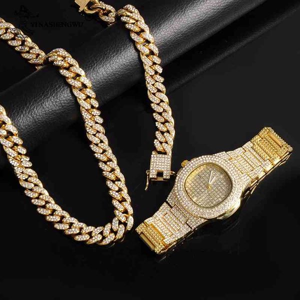 Mens Relógios Top Marca Luxo Gelado Gelado Relógio de Ouro + Colar + Pulseira SolTlsteel BusinWristWatch Men Hip Hop Jóias X0509