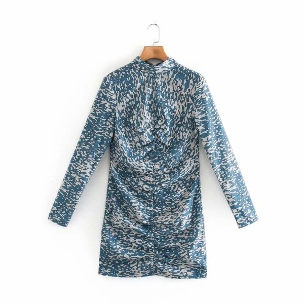 

women digital printing slim pleated mini dress casual female stand collar long sleeve clothes lady loose vestido d6931 210430, Black;gray