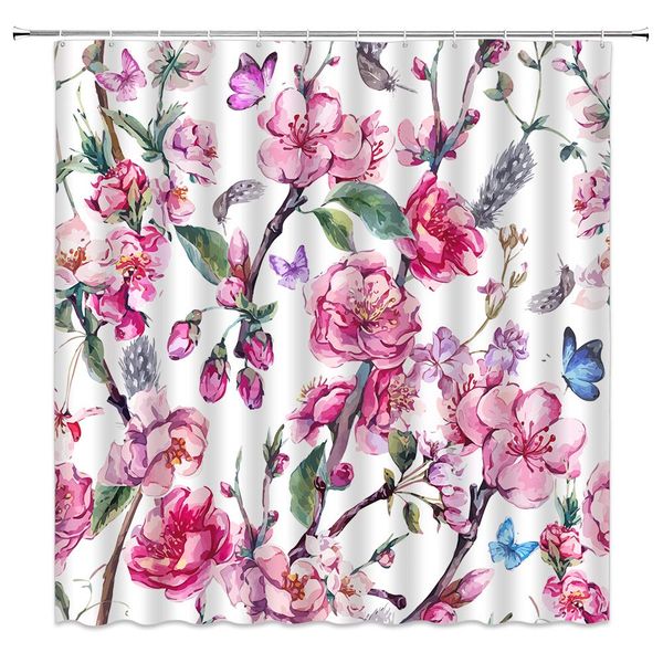 

pink peach blossom shower curtain decor flower watercolor spring nature leaf butterfly bud feather asian scenery fabric bath