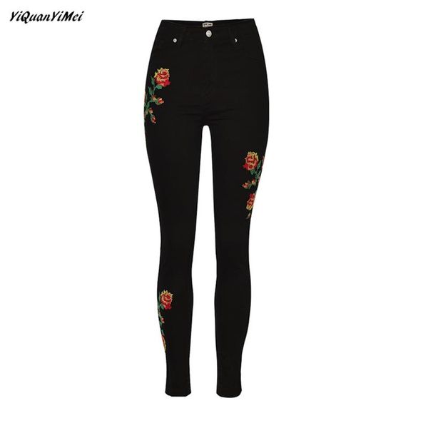 

yiquanyimei stretch embroidered jeans for women elastic flower female pencil pants denim pantalon women's, Blue