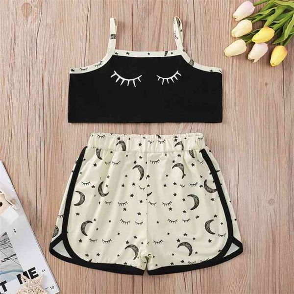 

summer children sets strap o neck print moon patchwork shorts cute girls boys clothes set 1-8t 210629, White