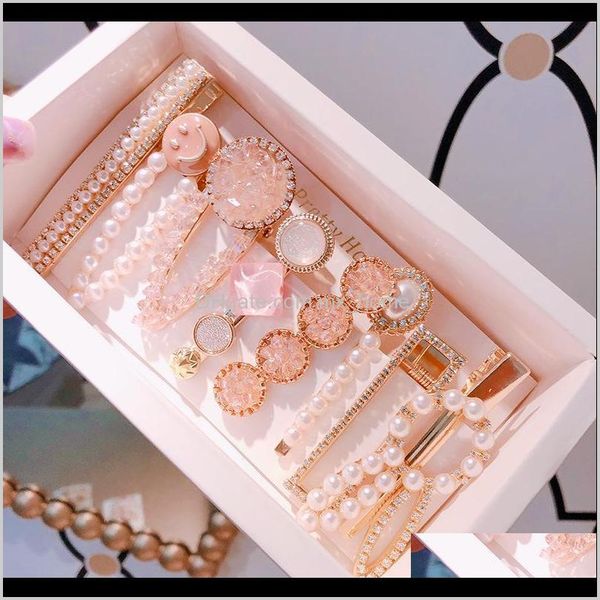

7 pcs set pearl crystal clips for women pins barrettes girl geometric waterdrop hairgrip wholesale cutme ubogg, Slivery;white