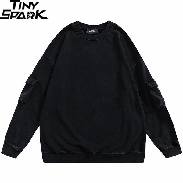 

men's hoodies & sweatshirts hip hop pullover streetwear sweatshirt plain pockets cargo 2021 men harajuku cotton autumn sweat shirt blac, Black