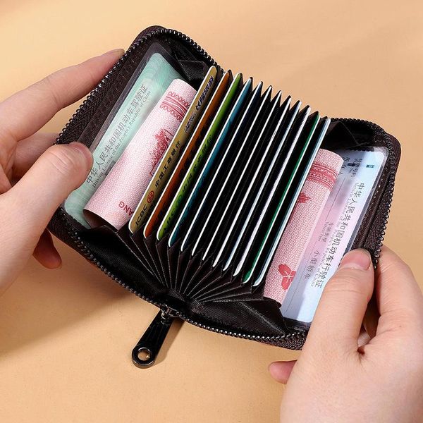 

card holders cow leather business holder men zipper wallet male retro bank id multiple slots dh50kb, Brown;gray