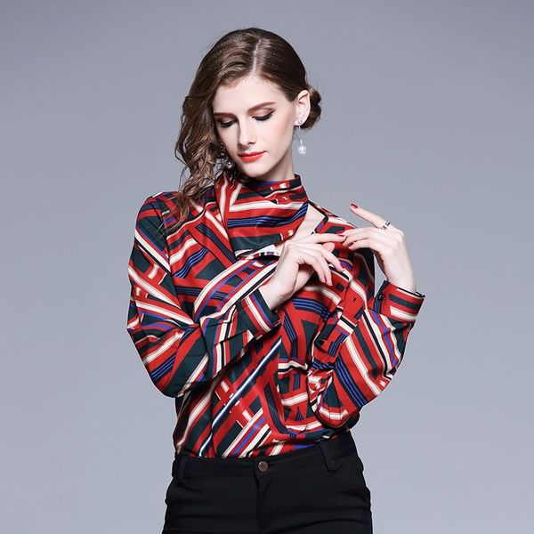 

women's blouses & shirts 2021 spring elegant ladies fashion designer long sleeve geometric print casual office and womens, White