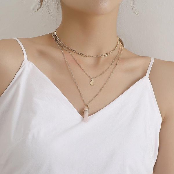 

pendant necklaces boho multilayer moon choker necklace natural stone hexagonal column chain for women fashion jewelry gift, Silver