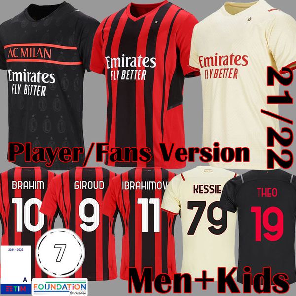 

21 22 giroud ibrahimovic soccer jerseys player version ac milan 2021 2022 brahim football shirt kids equipment rebic camiseta de futbol roma, Black;yellow