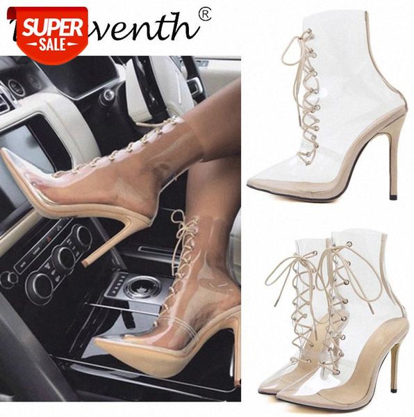 

transparent lace up boots shoes european and american short pointed high heels women #ap0i, Black
