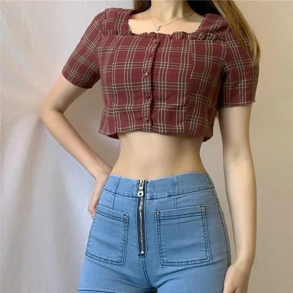 

red lattice square neck short sleeve single breasted vintage cute crop shirt trendy summer clothes for women 2021 women's t-shirt, White