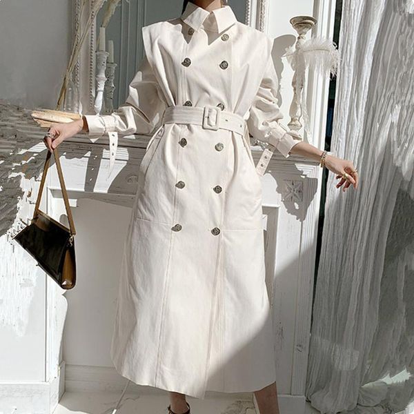 

women's trench coats 2021 autumn winter long coat women turn-down collar lace up double breasted oversized female windbreaker, Tan;black