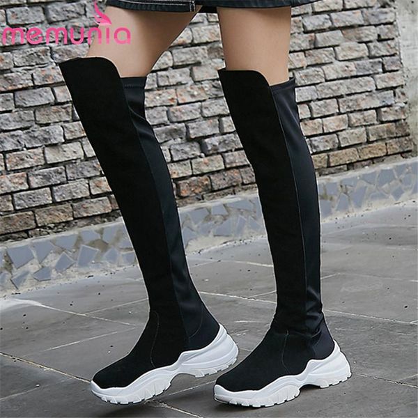 

boots memunia 2021 est suede leather over the knee women round toe autumn slim stretch flat platform shoes female, Black