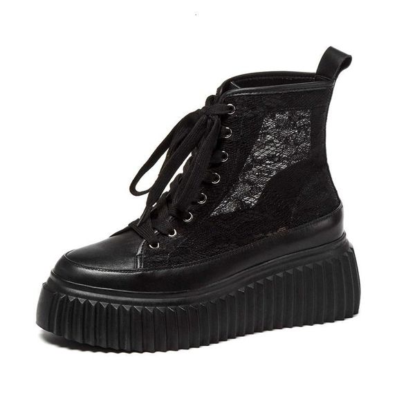 

boots arrival summer genuine leather round toe high heels embroidery preppy style lace up mid-calf l7f6 icij, Black