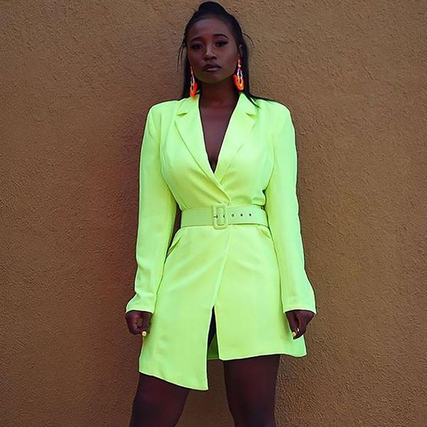 

autumn winter neon green slim fit blazer jackets women notched collar office lady business elegant blazers long coat with belt women's, White;black