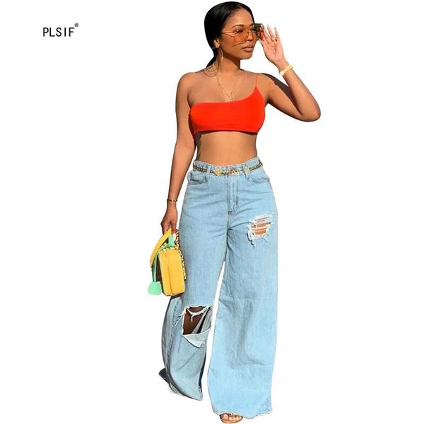 

women's jeans european fashion broken hole design lady high waist loose trendy denim wide leg pants, Blue