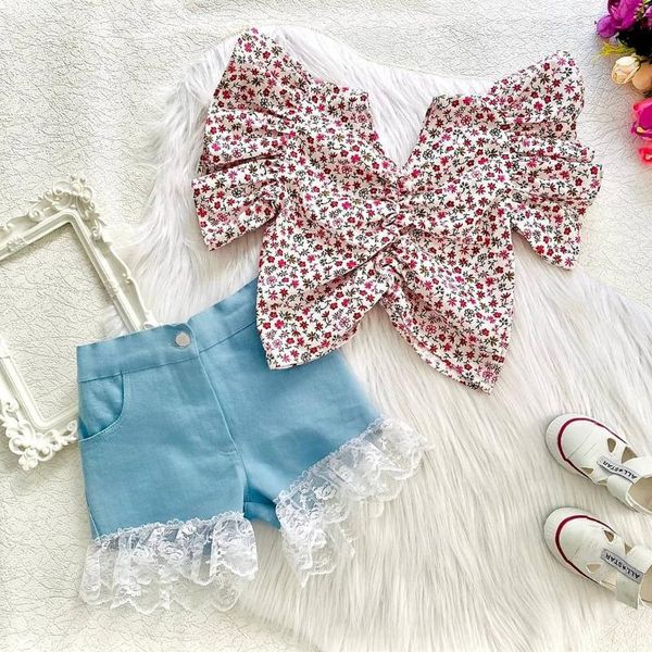 

pieces kids suit set girl clothing flower print v-neck short sleeve + lace trim denim shorts for child girls 1-6 years sets, White
