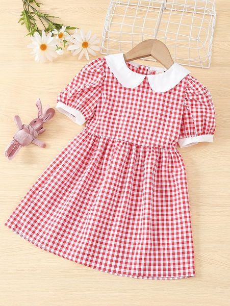 

little girl's plaid pattern stitched baby collar bubble sleeve dress she, Red;yellow