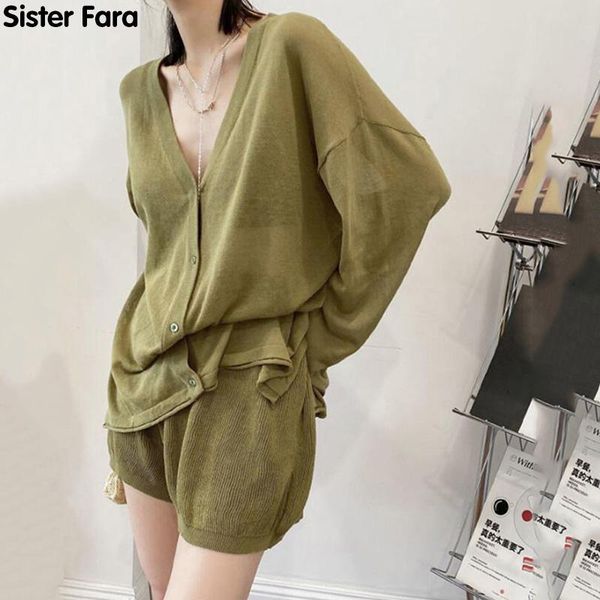 

women's tracksuits sister fara summer knit v-neck long sleeve coat woman's suit+high waist drawstring loose shorts casual two piec, Gray