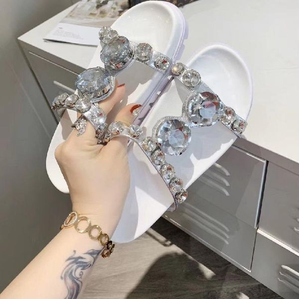 

slippers genuine leather luxury crystal women runway diamond flat shoes ladies summer 2021 street beach sandals, Black