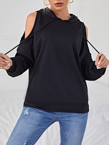 

solid cold shoulder drawstring hoodie p9ya#, White;black