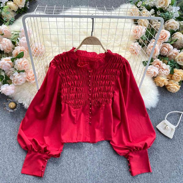 

singreiny french ruched women blouse retro puff sleeve o neck single-breasted slim blouses autumn fashion streetwear 210419, White