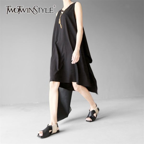

patchwork ruffle dress for women o neck sleeveless casual solid dresses female fashion clothing summer 210520, Black;gray